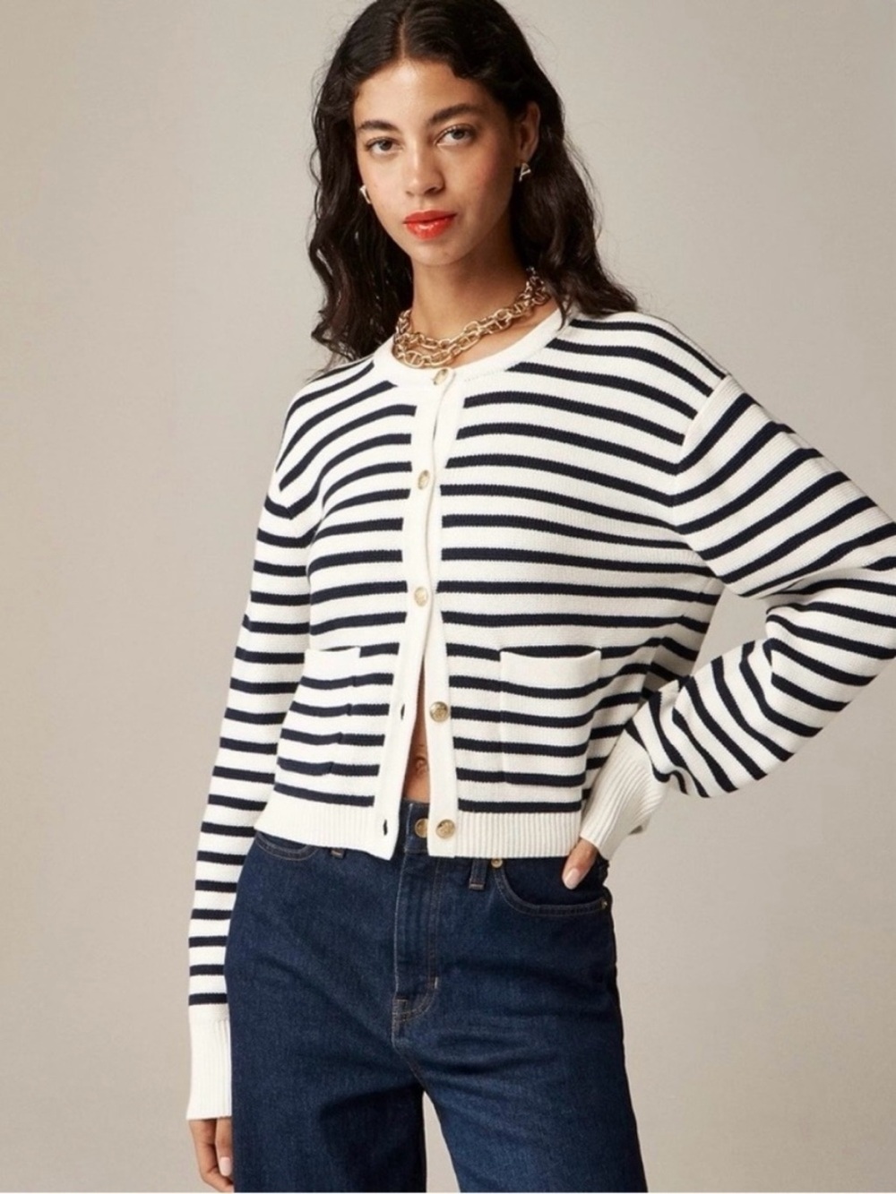 J. Crew Relaxed Emilie Sweater Lady Jacket Blue Stripe Size Large Preppy